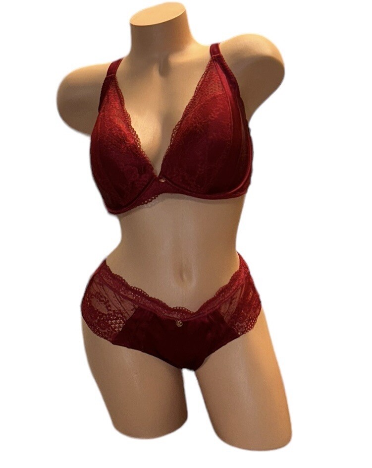 2PC AUTOGRAPH Deep Red Shiny Silky Sheer Satin Lace Panties & Bra 38DD NWOT