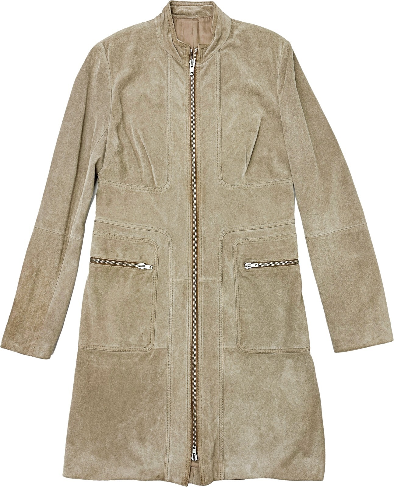 CELINE Camel Beige Genuine Suede Leather Zipper Pockets Lined Coat 6 8 VINTAGE