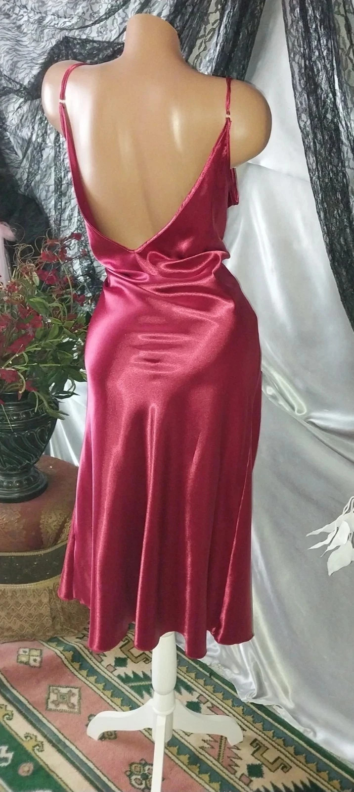 VTG SATIN SHINY GARNET COWL DRAPE NEGLIGEE NIGHTGOWN SLEEP DRESS FULL LONG 46&Prime;