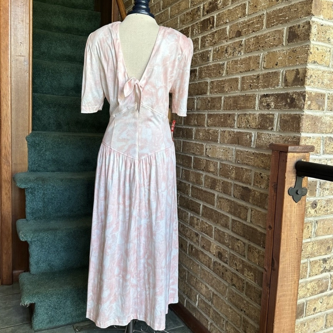 VTG 80s Retro Marble Pink Tiedye Basque Waist Dress