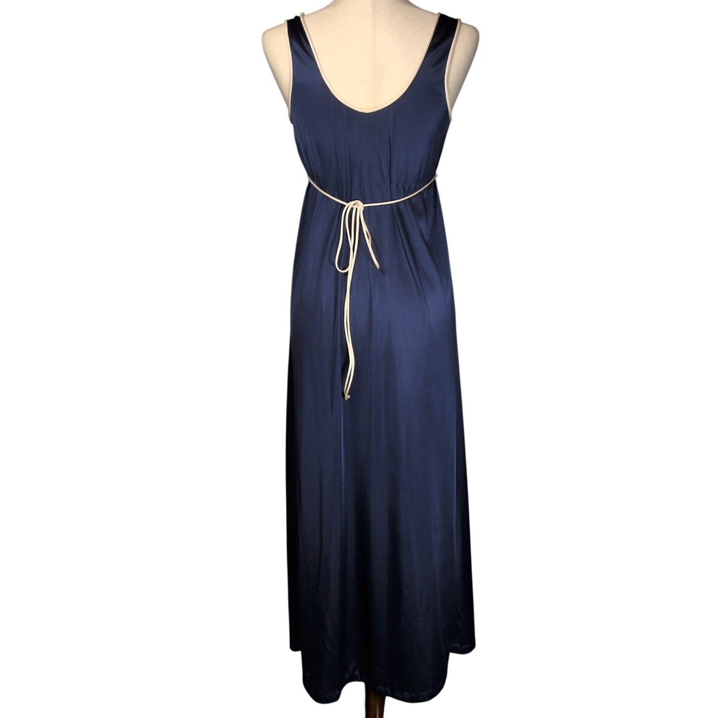 Vintage 70s JCPenney Blue Satin Maxi Nightgown Tie Sleeveless Slip Dress XS/S