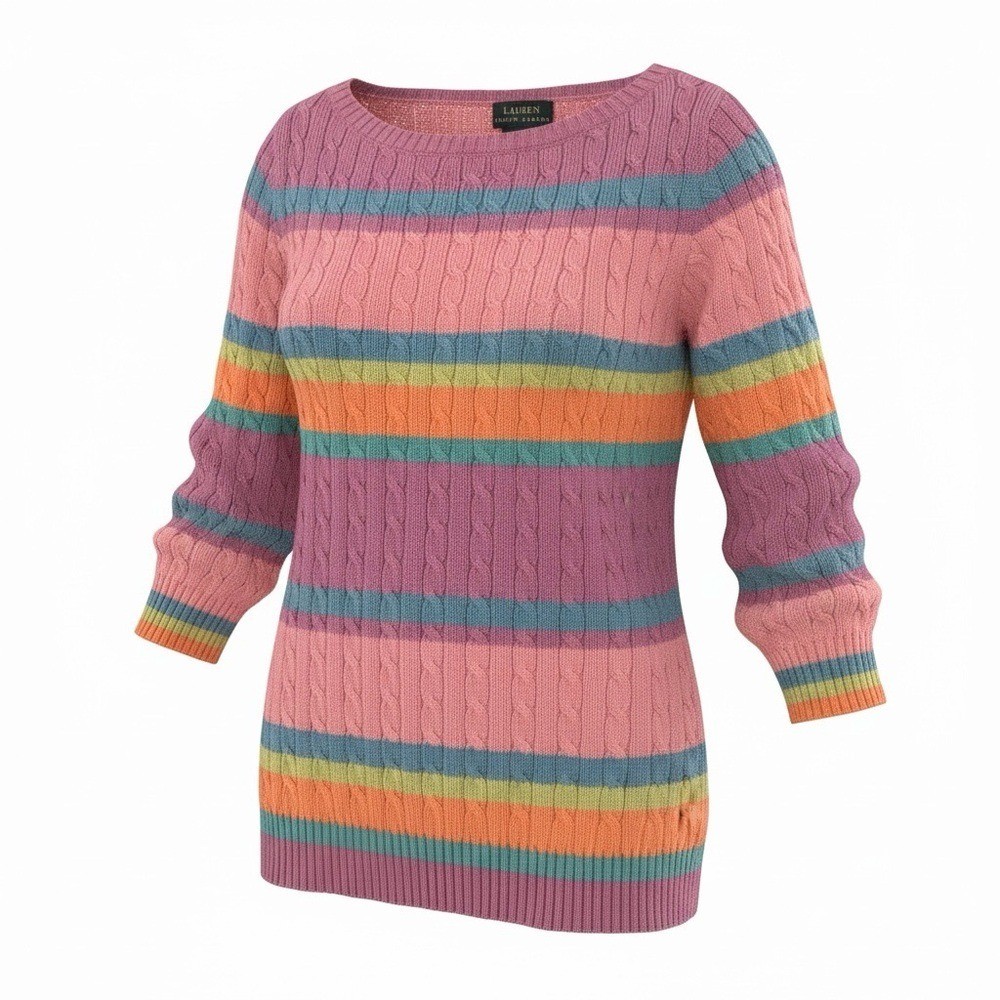 Vtg Ralph Lauren Cable-Knit Sweater with Colorful Stripes Preppy Classic