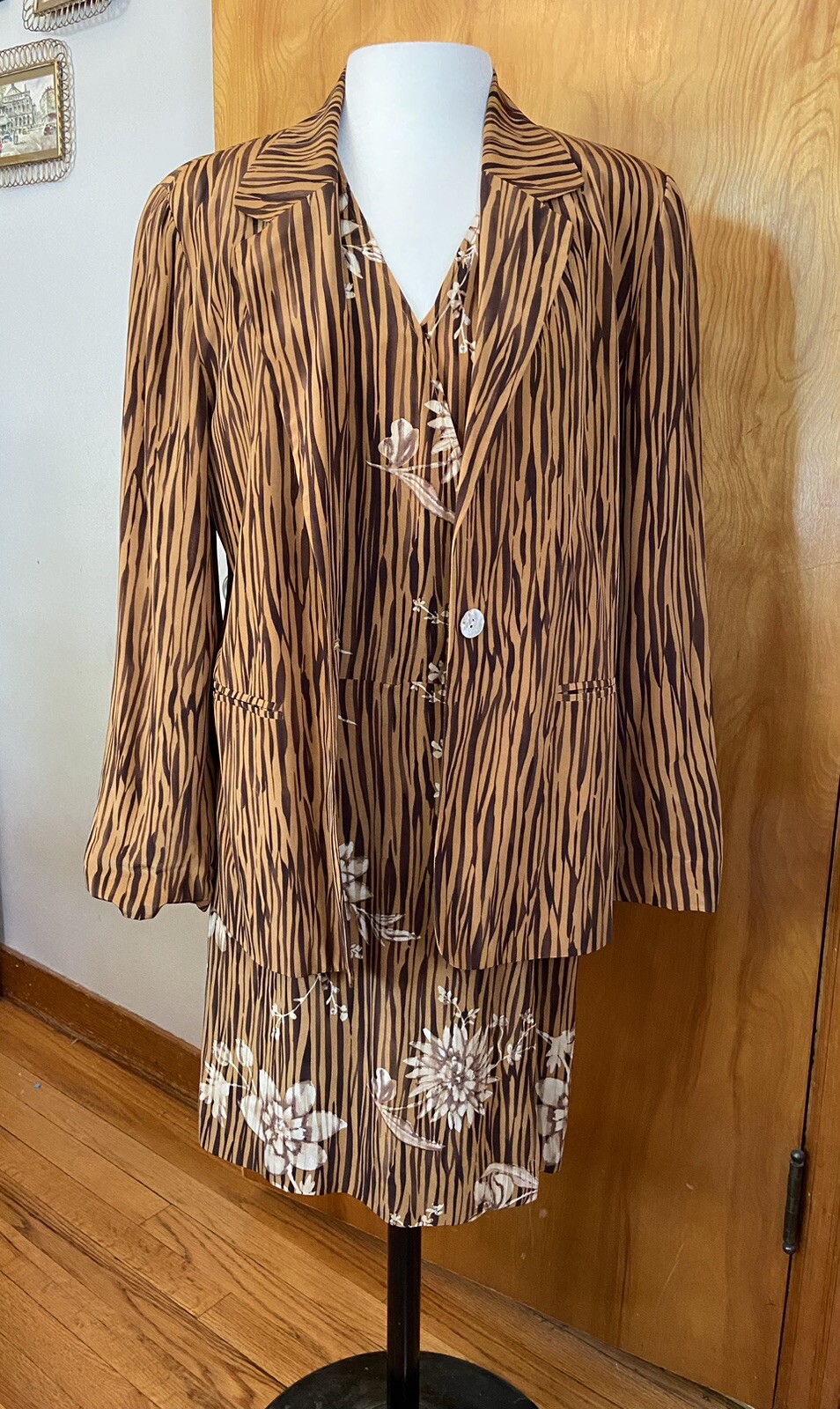 Vtg Saks 5th Ave Silk 2 Pc Set Jacket Wrap Skort Romper Brown Zebra Med 80s