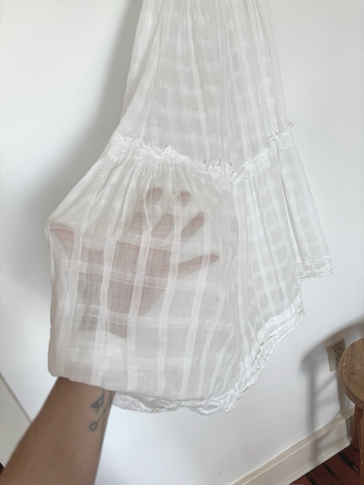 Antique Edwardian Sheer Windowpane Cotton Voile Skirt w Boned/Corseted Waist