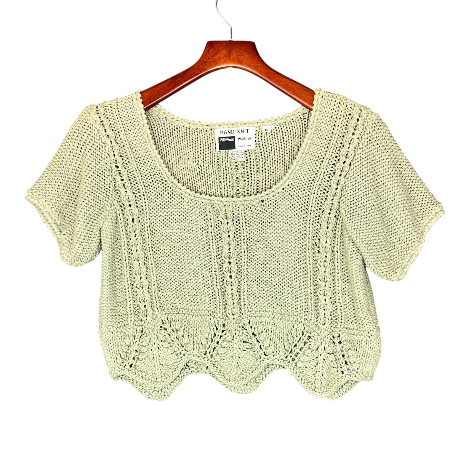 Vintage Hand Knit Cropped Sweater Sage Green Sz M 90s Y2K Fairy Cottagecore Boho