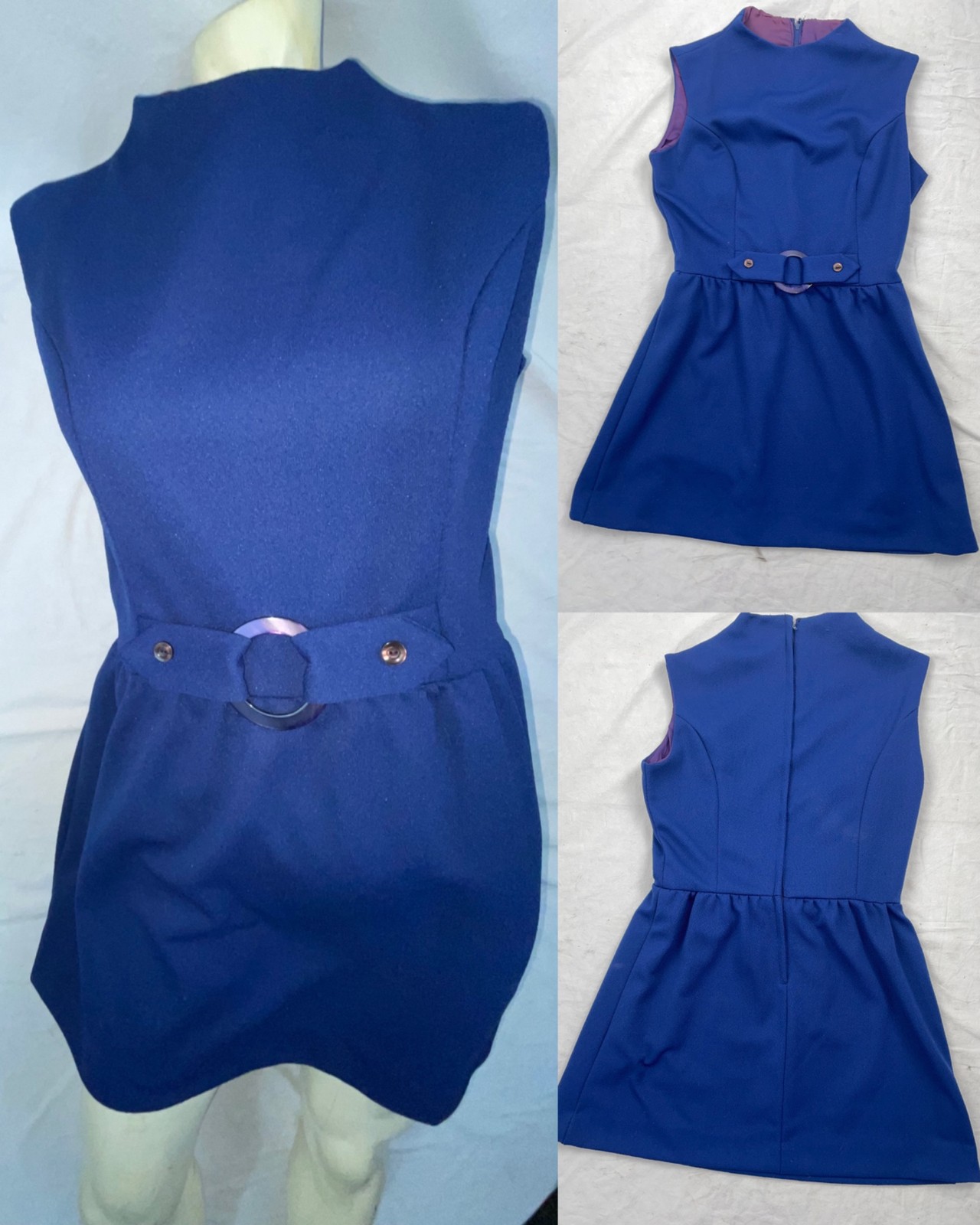 VTG 60S 70S WOMENS BLUE POLYESTER ACCENTED CINCHED BUCKLE DISCO GOGO RETRO DRESS