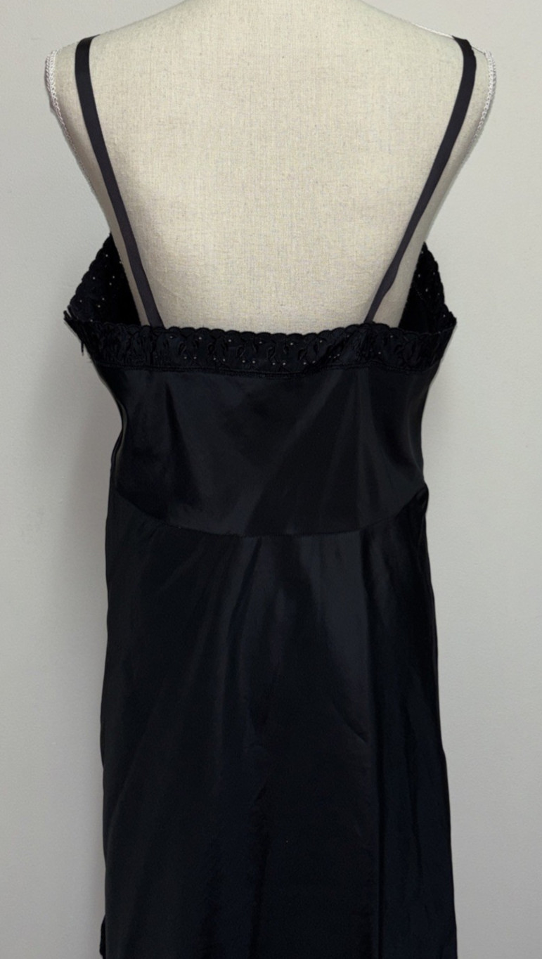 Vtg EXCELLE Barbizon Full Slip Black Taffeta Embroidered Trim w/ Zipper 38S