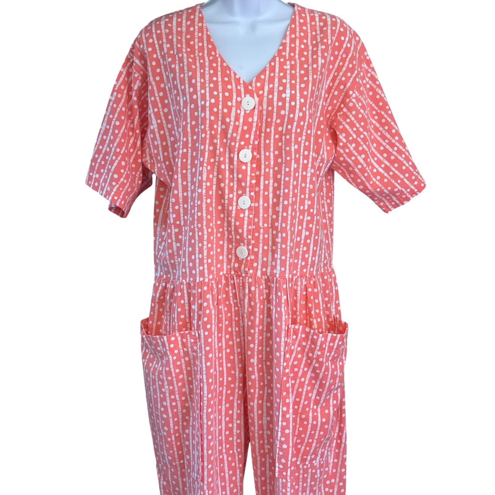 Vintage 80s David Brown Boutique Jumpsuit Eclectic Grandpa Coral Stripe Dot