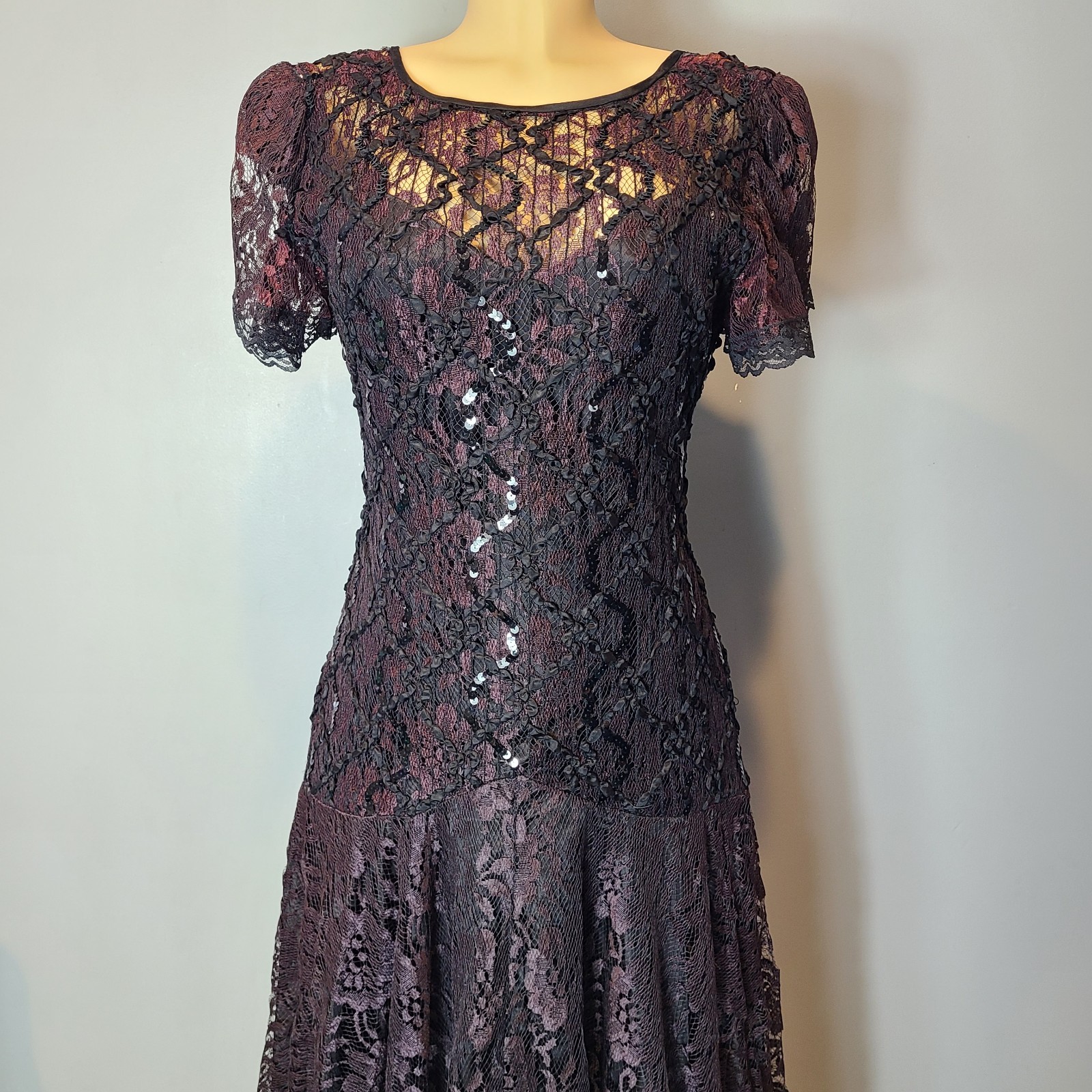 VTG Drop Waist Dress lace Sequin Flapper Art Deco Romantic 1920 Fairy Whimsigoth