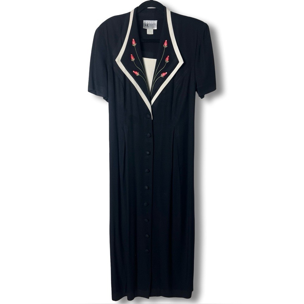 S.L. Fashions VTG Women&rsquo;s Maxi Dress Black Rosebud Embroidered Lapels 80s Sz 14