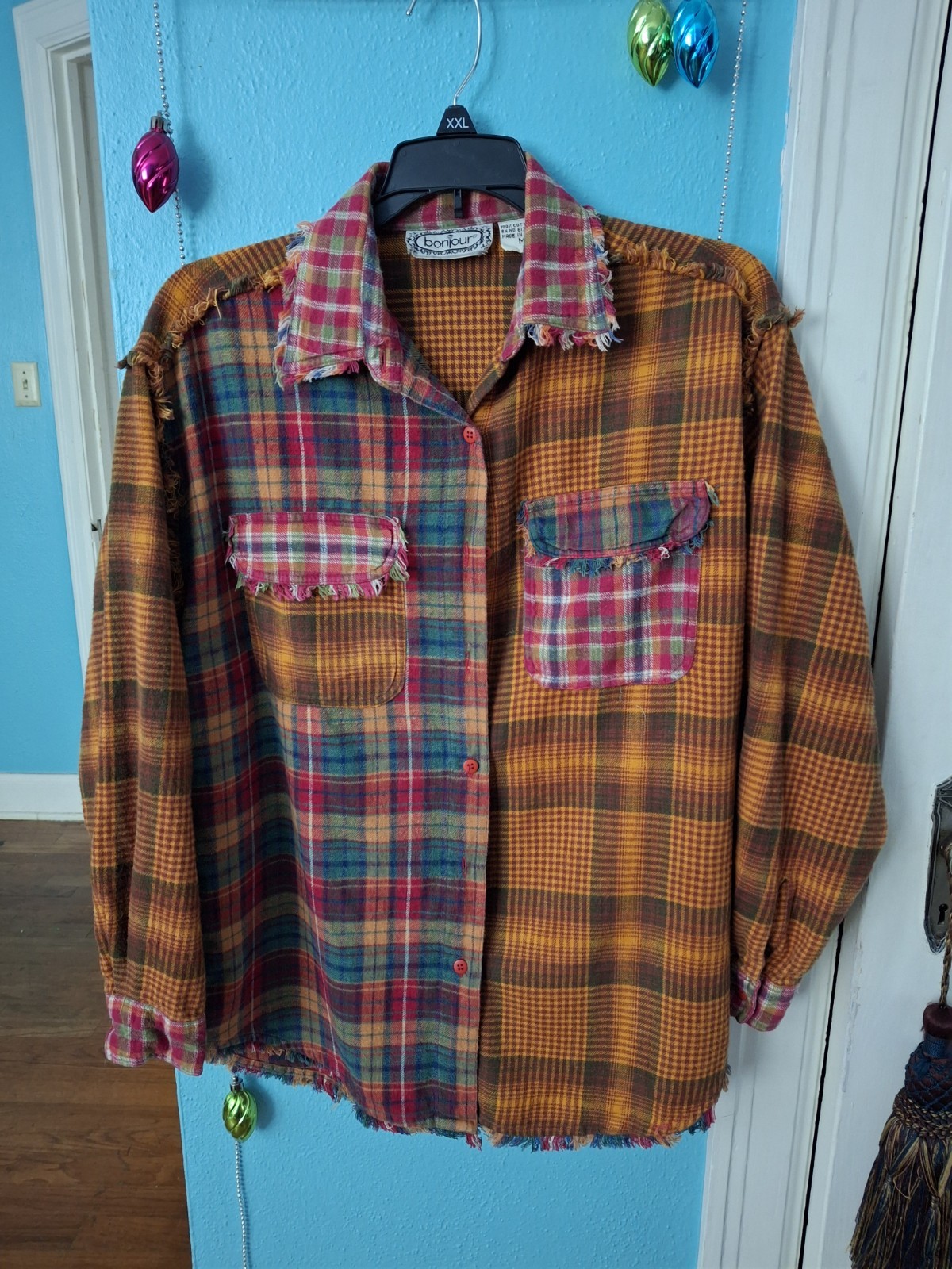 Y2K Bonjour Cotton Flannel BOHO Distressed Country Plaid Women&rsquo;s Sz Med Shirt