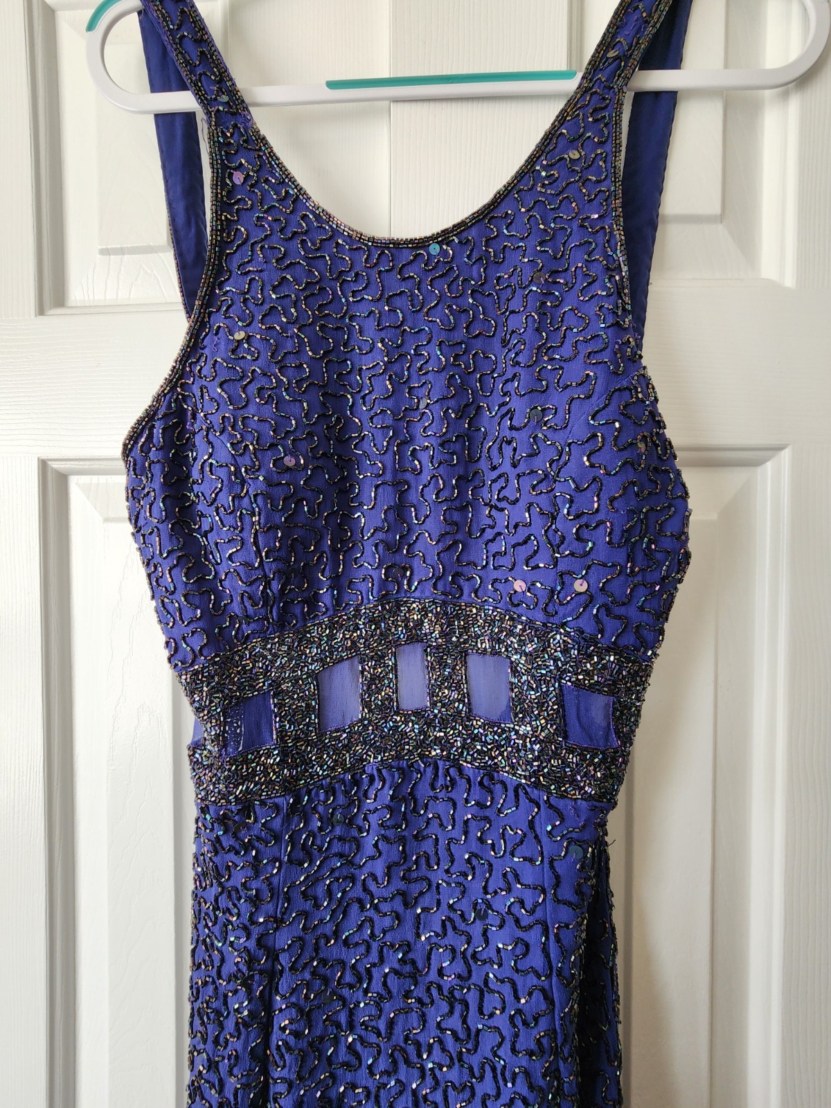 VTG Andretta Donatello Blue Beaded Formal Gown Backless Event Silk L