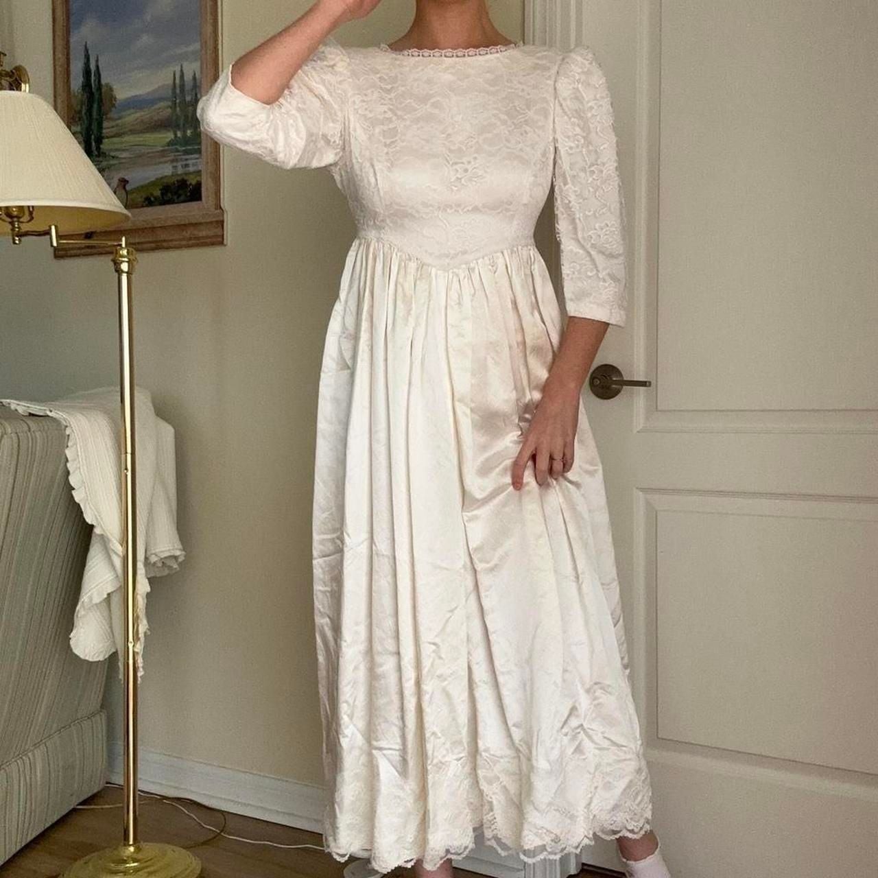 Vintage Handmade White Lace Basque Waist Gown with Puffy Sleeves