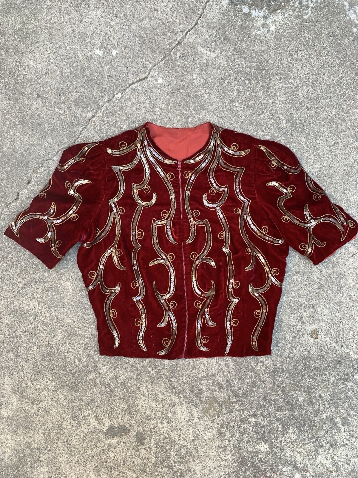Vintage 1930s Zip Front Red Velvet Sequined Puff Sleeve Top Jacket Blouse Size S