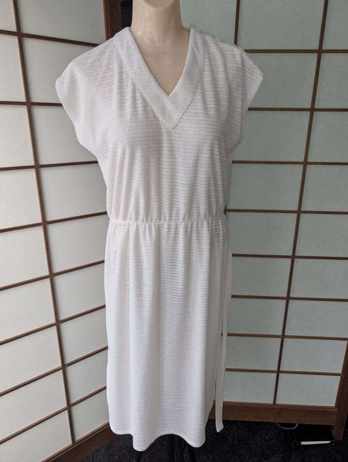Vtg 1970s 80s Textured Terry Cloth Dress Swim Cover-up White Sz L Belted V-Neck