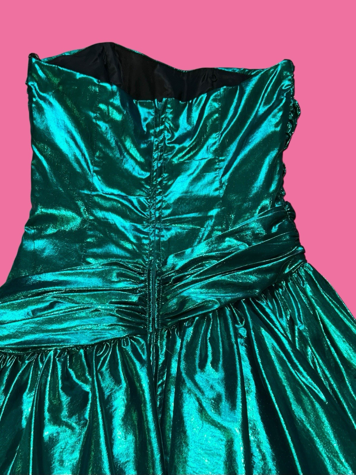 Vtg 80s Zum Zum Metallic Lamé Green Strapless Dress Asymmetric Drop Bow 9/10