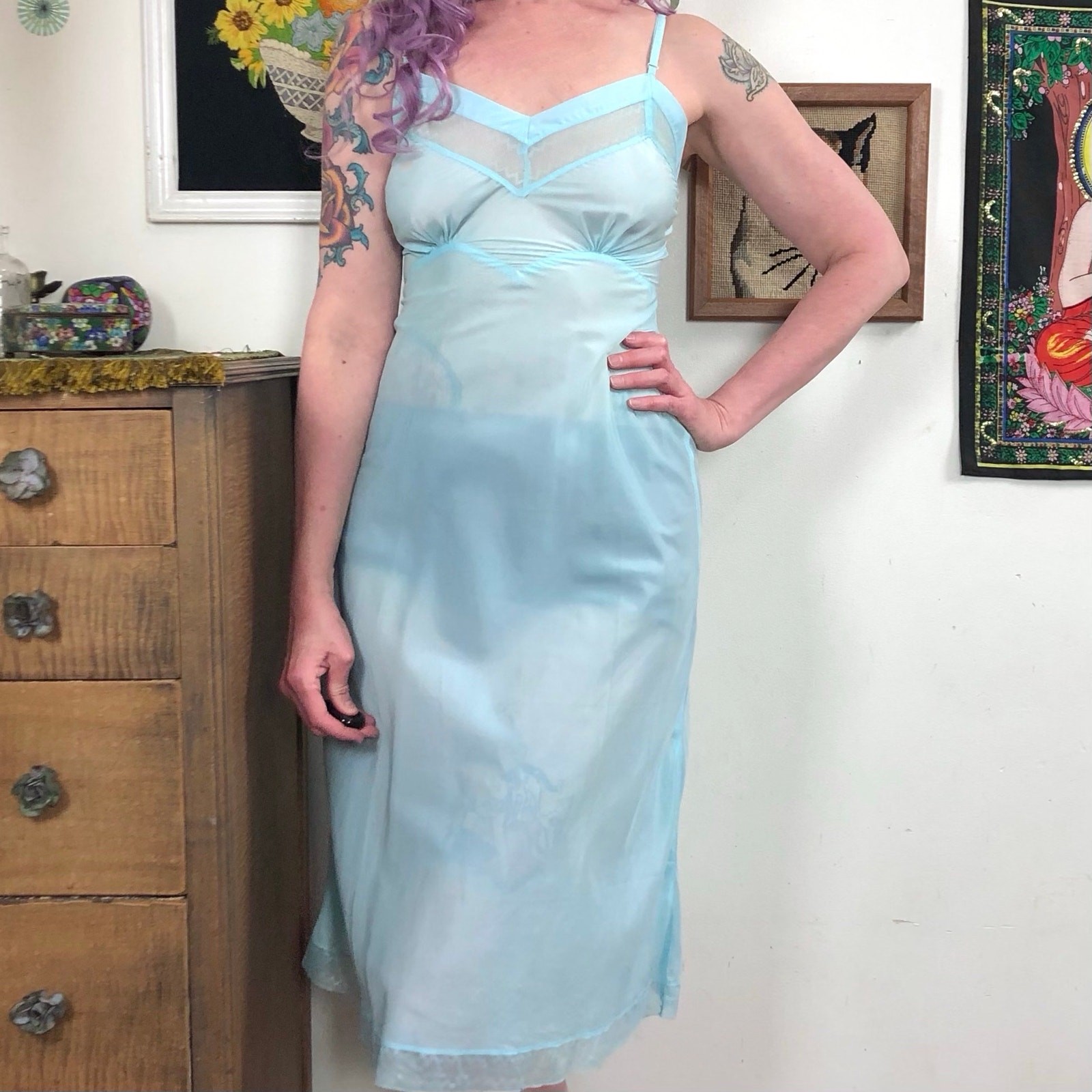 Vintage Aqua Taffeta Slip, 1940s Hand Dyed Swishy Nylon Slip Dress, Sz XS