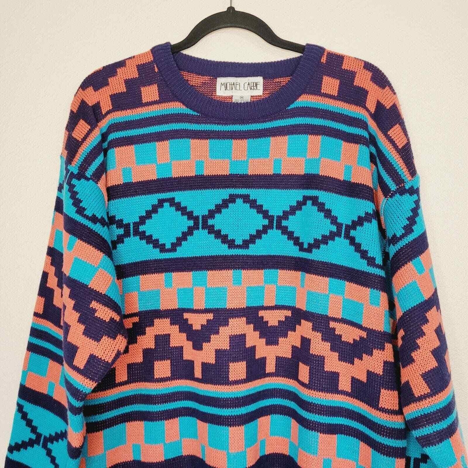 Michael Carrie VTG Retro 80s Eclectic Aztec Knit Oversized Tunic Sweater Sz M