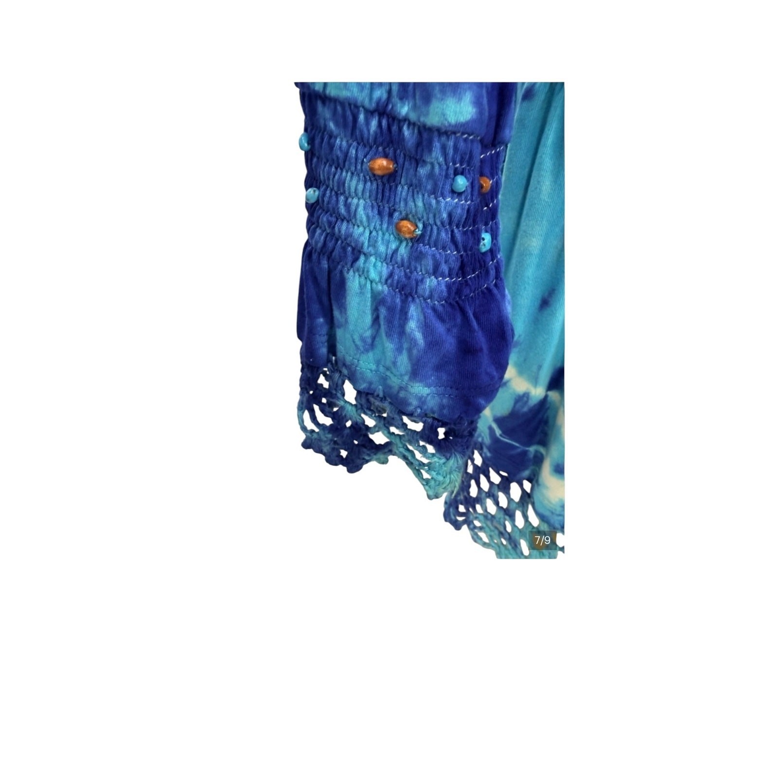 VTG Faith Indigo Tie Dye Beaded Boho Mini Dress Crochet Hem Festival S
