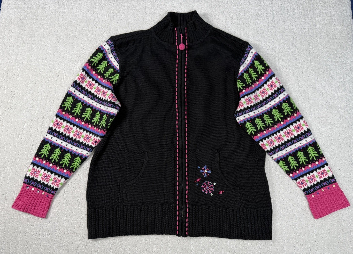 VTG Quacker Factory Christmas Embroidered Black Knitted Cardigan SZ XL EUC