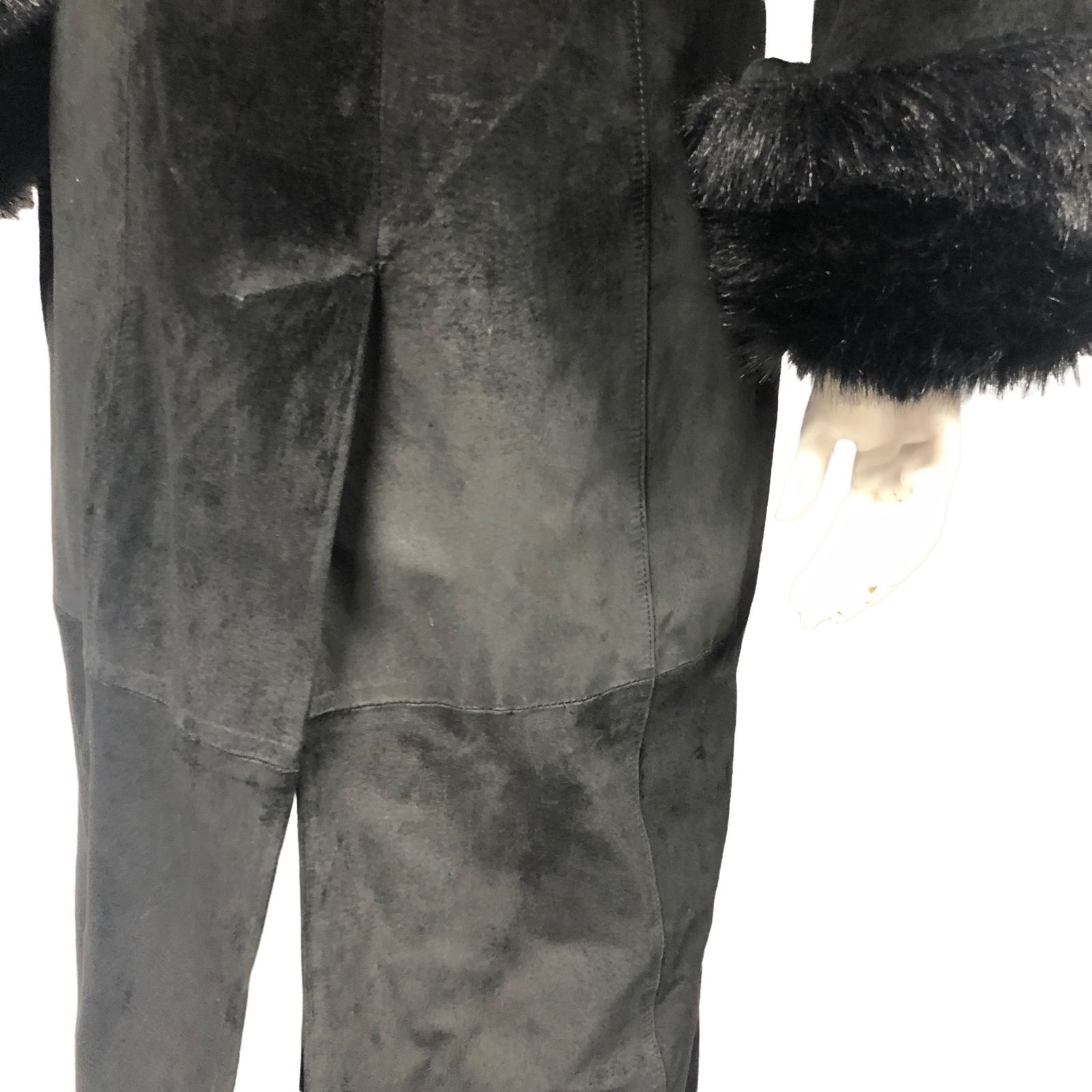 Vintage Y2K 2000s Express Black Suede Faux fur Long Coat Duster Size 5/6