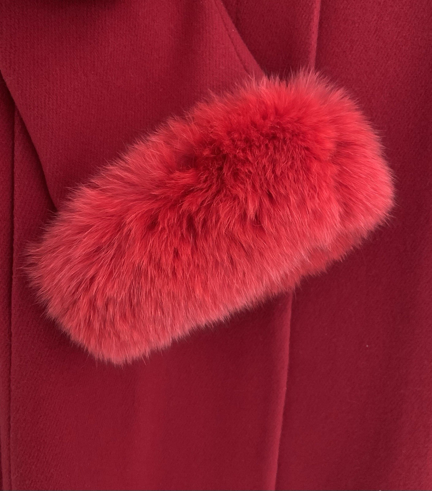 Vtg Classic Marvin Richards Wool Coat, Fox Fur Trim, Red Sz 16 USA