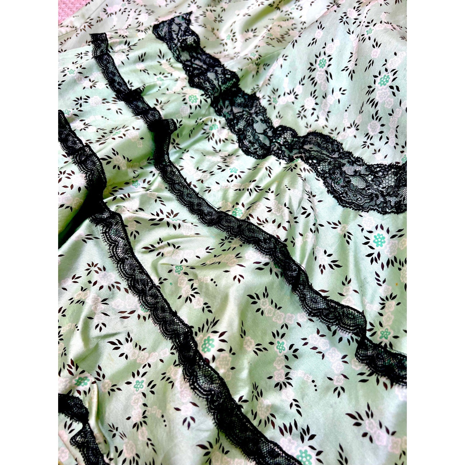 Antique Victorian Mint Green Printed Silk Two Piece Floral Skirt Set Black Lace
