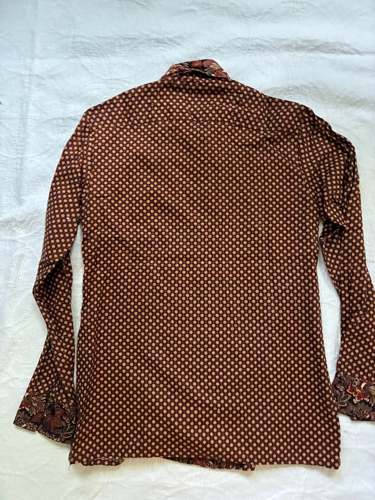 1970s Disco Mod Brown Cotton Blouse Shirt Susan Thomas Dagger Collar Floral S