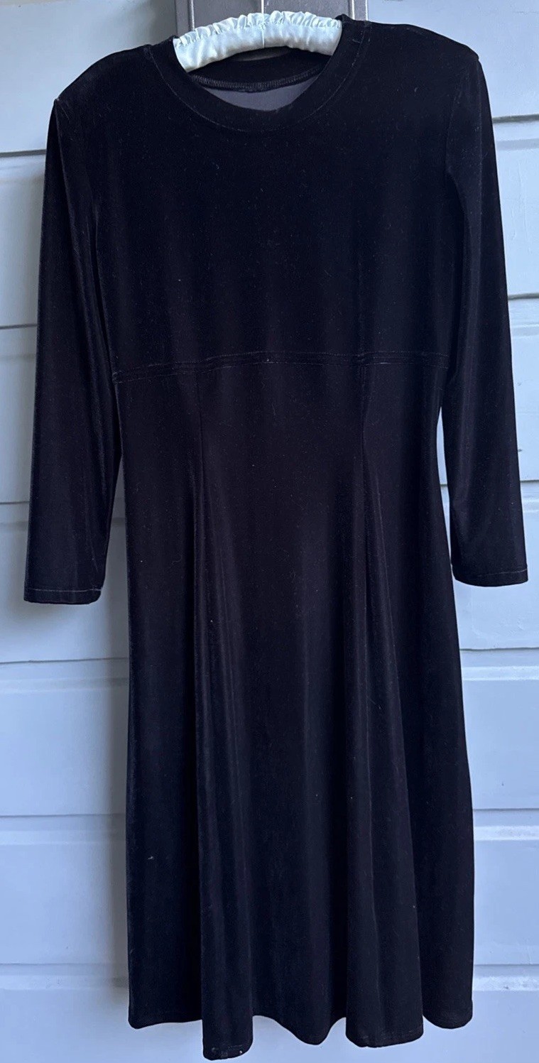 Vintage 90s Hollywood Nites Black Velvet Midi Dress- Goth, Vamp-Size 16