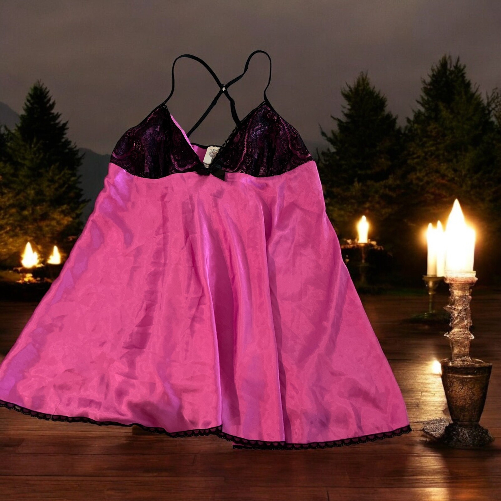 In Bloom Satin Shiny Pink Black lace baby doll Nightgown lingerie Women&rsquo; s MED-
