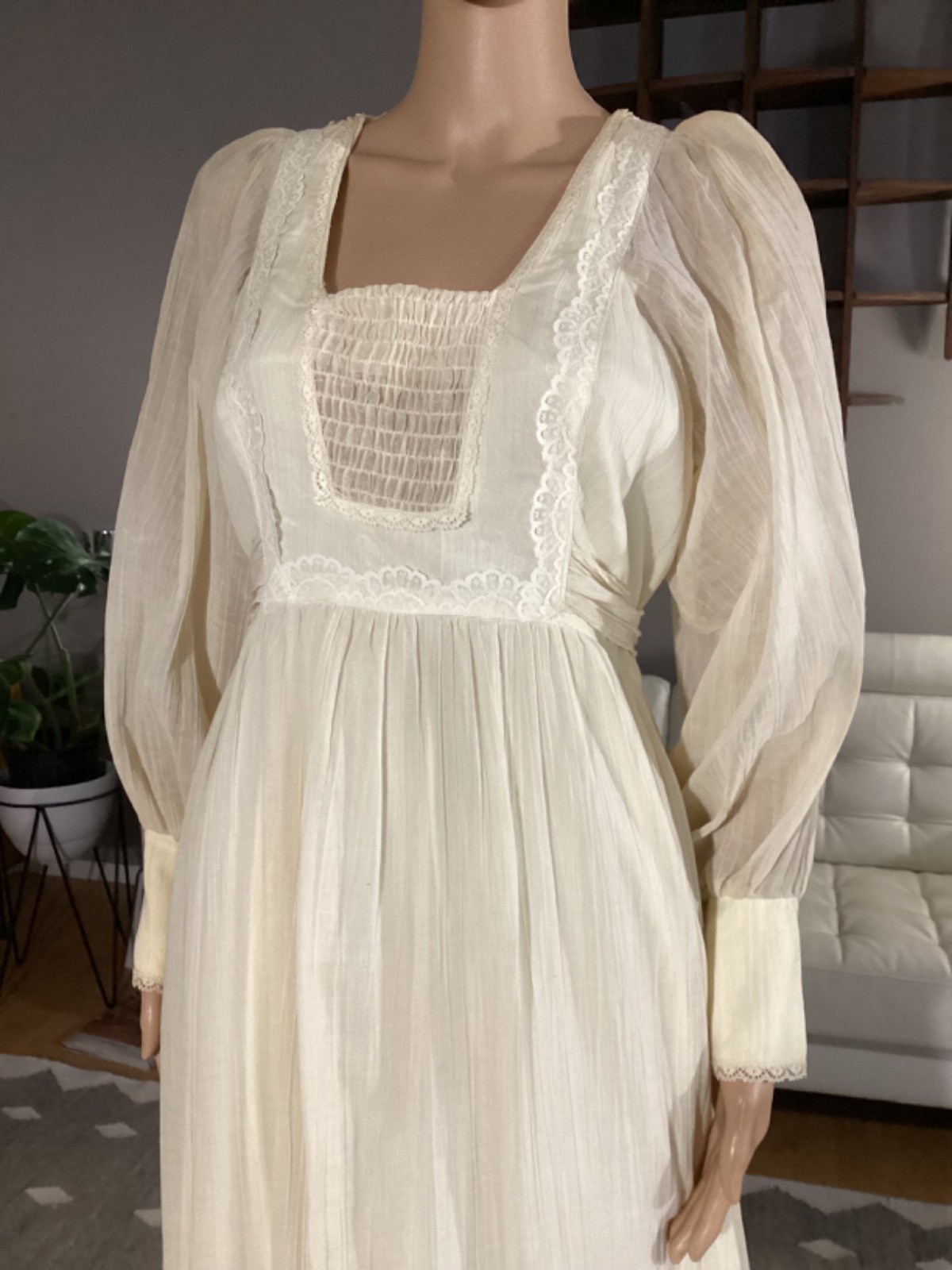 Vintage 1970&rsquo;s Creamy Ivory Gauze Boho Hippie Prairie Maxi Dress Lace Sz 12