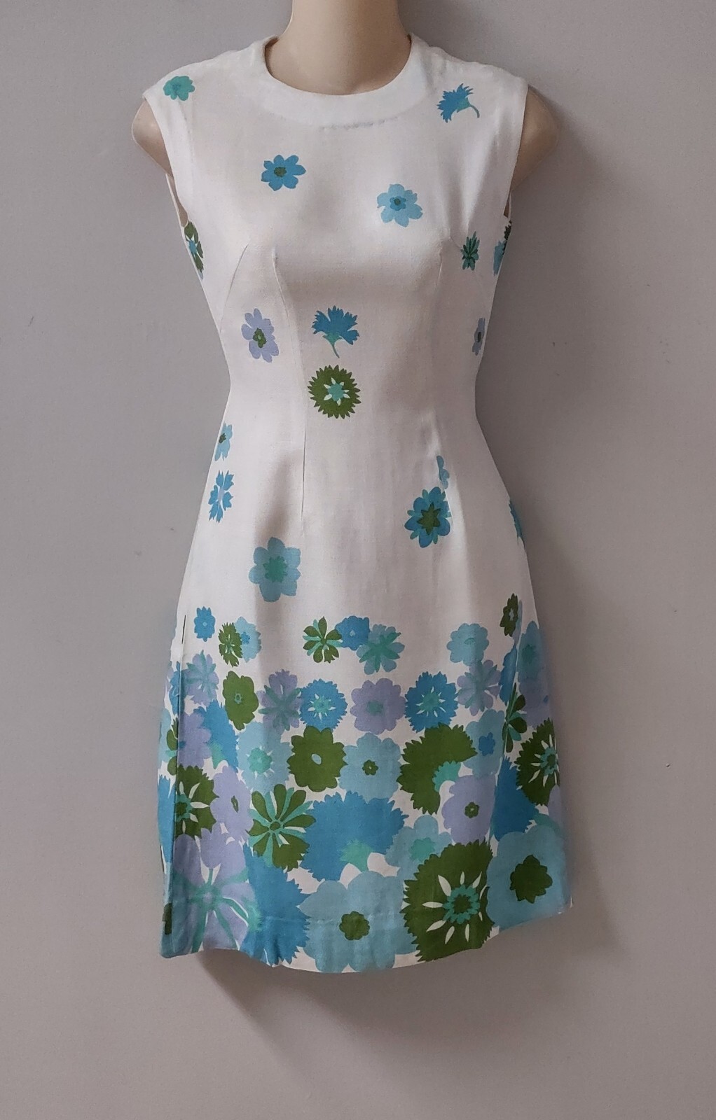 Vintage 60&rsquo;s MOD Linen Floral Pencil Sheath Dress Border Print Metal Zip XS