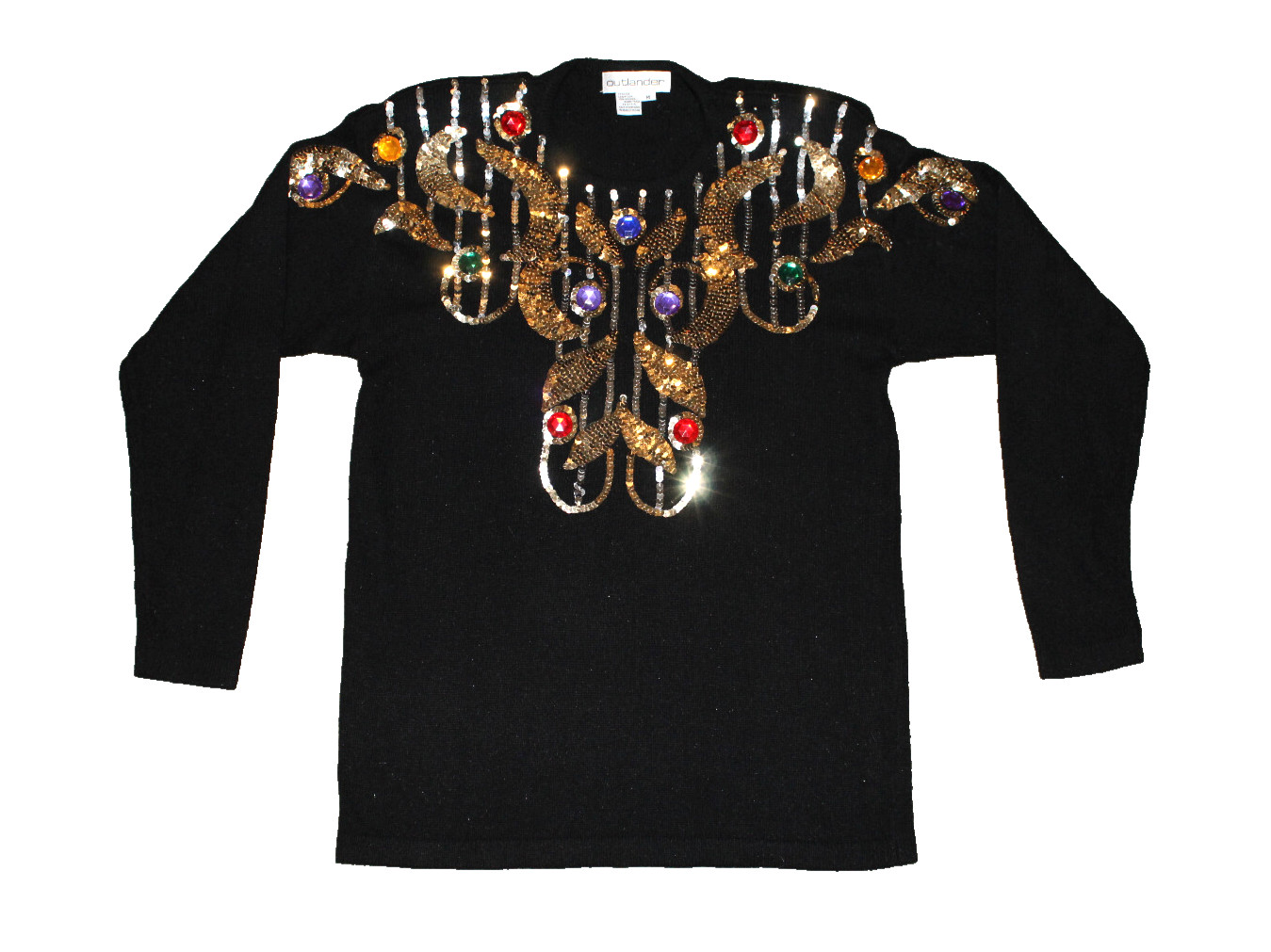 VINTAGE OUTLAND SILK ANGORA SEQUINS & GEMS KNIT SWEATER, SIZE M, 28 INCHES LONG