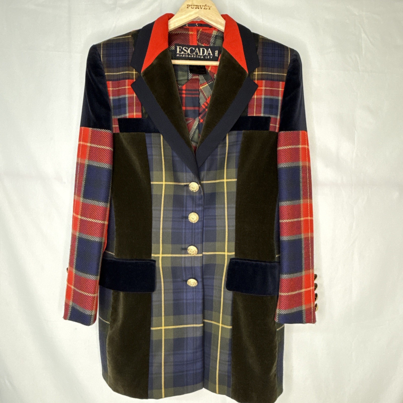 Vintage ESCADA Margaretha Ley Plaid Patchwork Wool Set Size 38