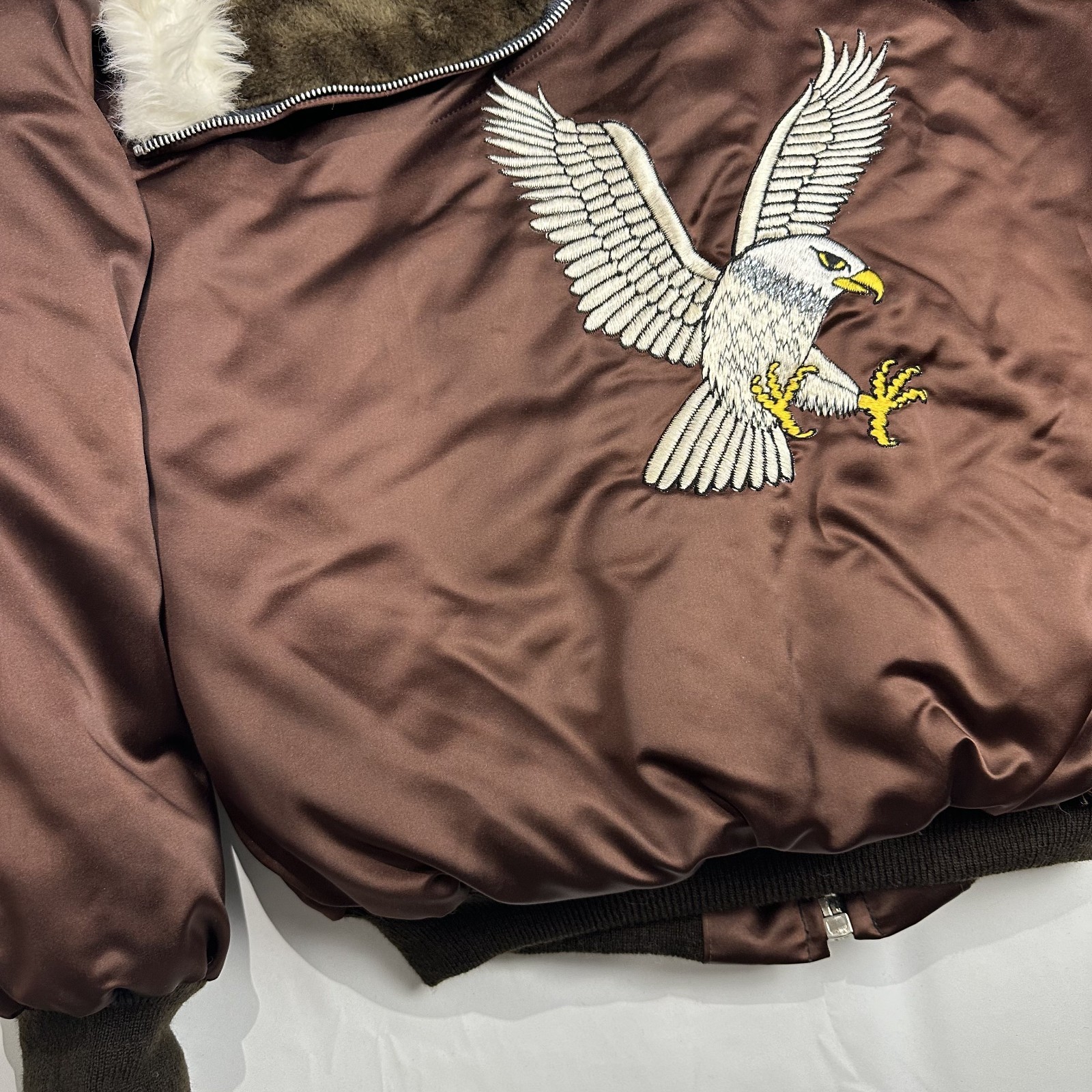 70s VTG Bomber Korea Souvenir Jacket Eagle Faux Fur Split Hood Embroidered Large