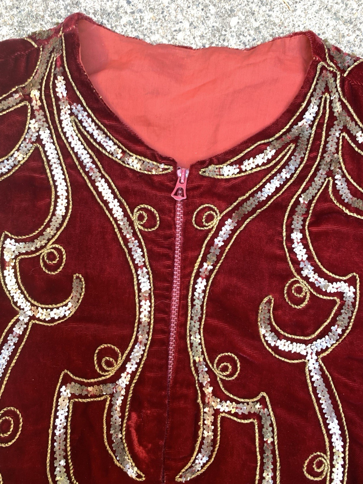 Vintage 1930s Zip Front Red Velvet Sequined Puff Sleeve Top Jacket Blouse Size S