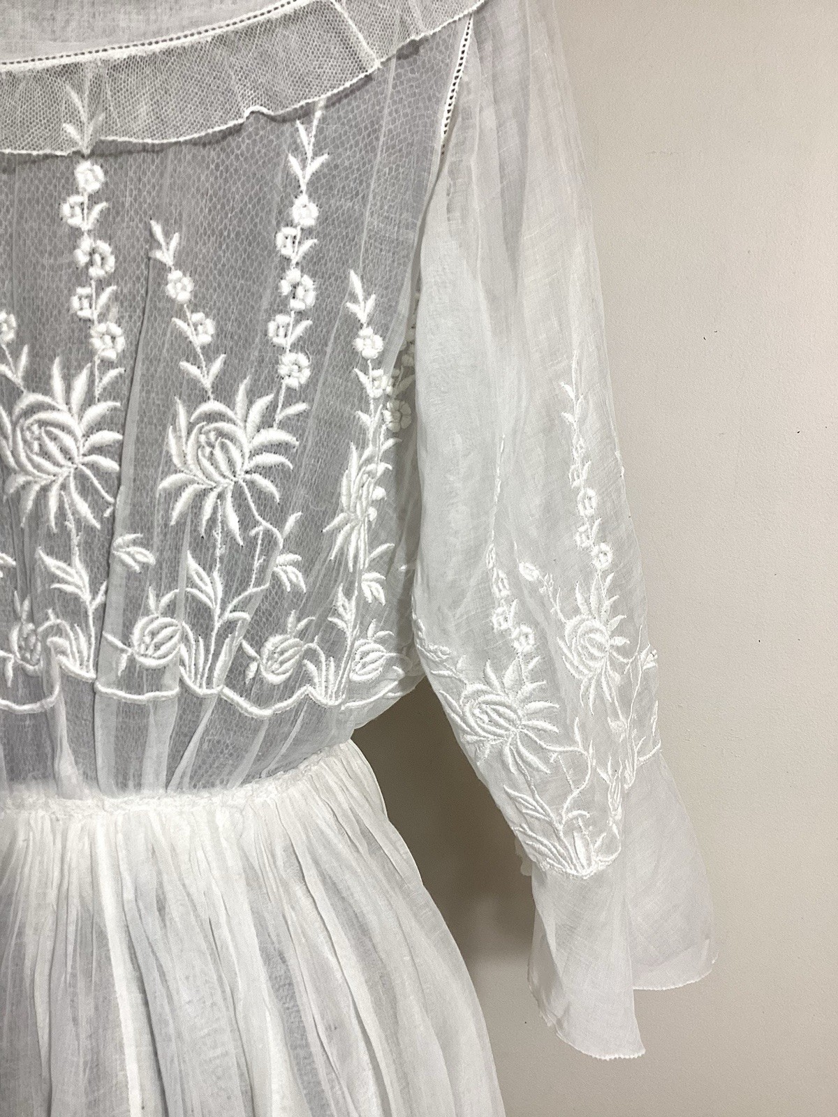 Edwardian 1910s Cotton Gauze Tea Gown Tiered Summer Dress Embroidery Mesh Ruffle