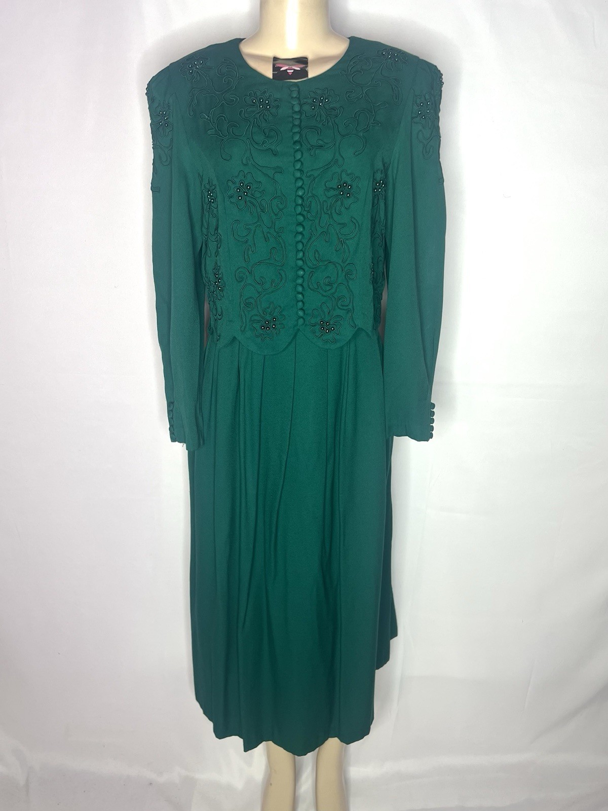VINTAGE PLAZA SOUTH GREEN BEADED BODICE MIDI DRESS SZ 10