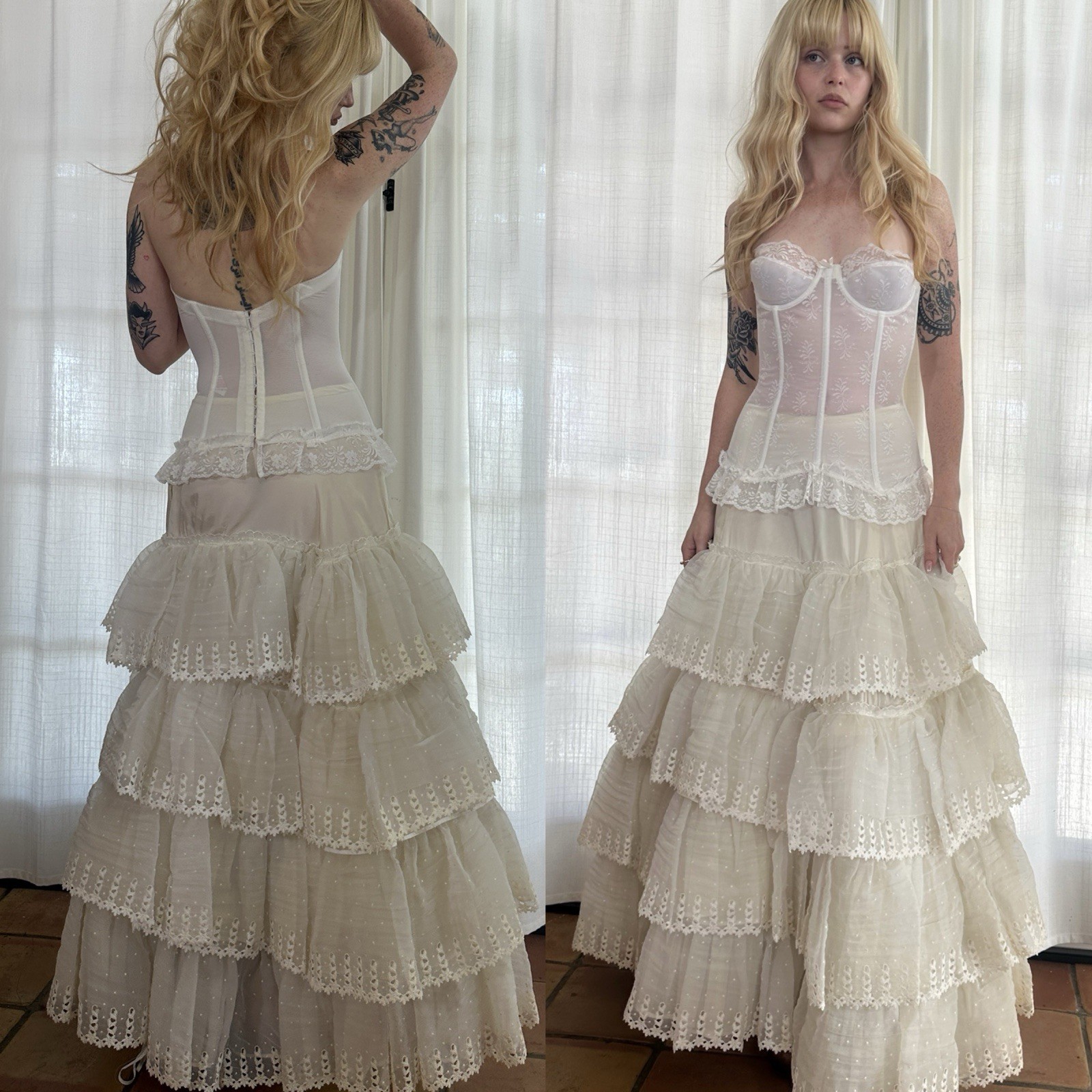 Vintage 50s Ivory Tiered Eyelet Petticoat Skirt