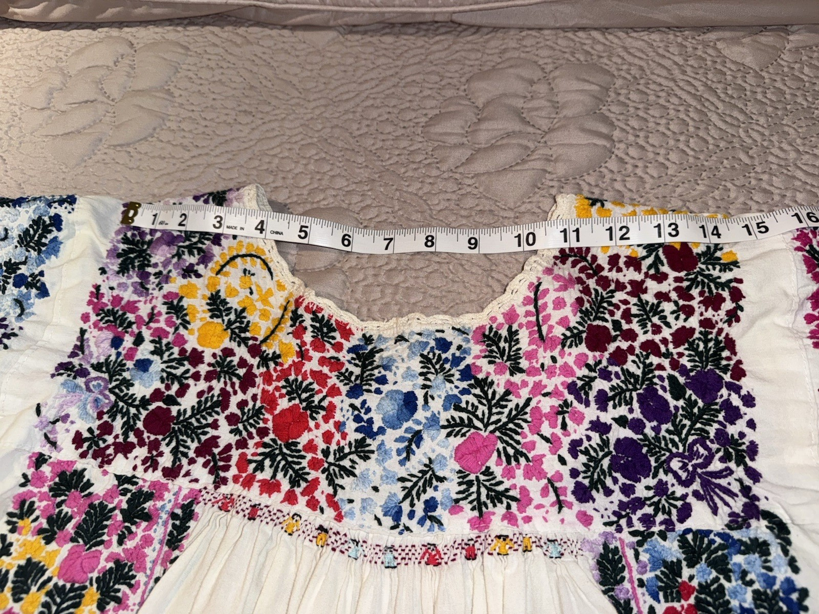 Vintage Oaxacan Mexican 70&rsquo;s Long Dress Off White Cotton Embroidered Floral Sz L