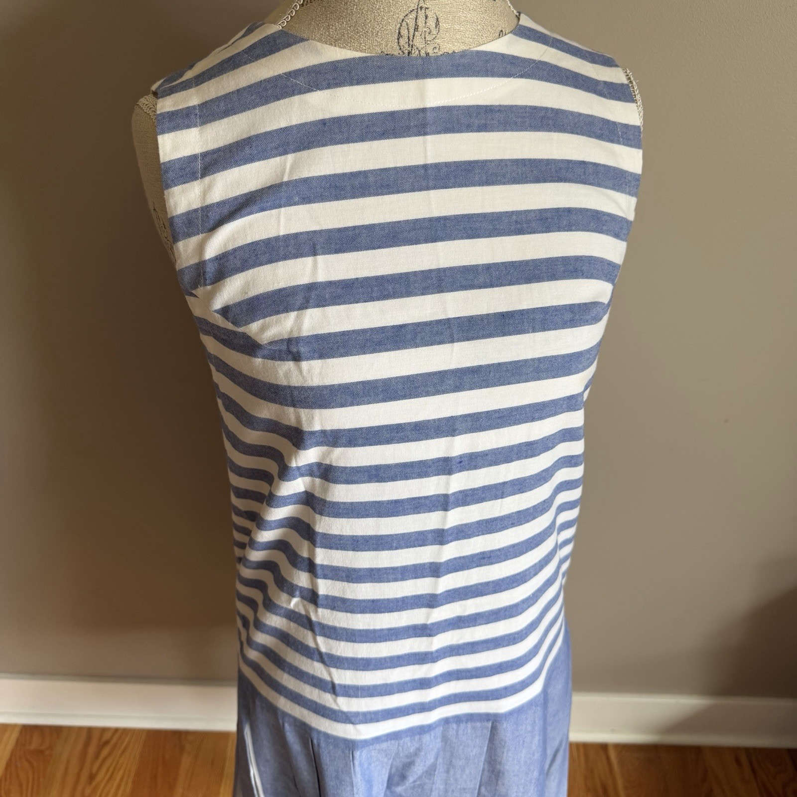Vintage Blue Stripe Chambray Drop Waist Dress Small Retro Flapper Coastal Preppy