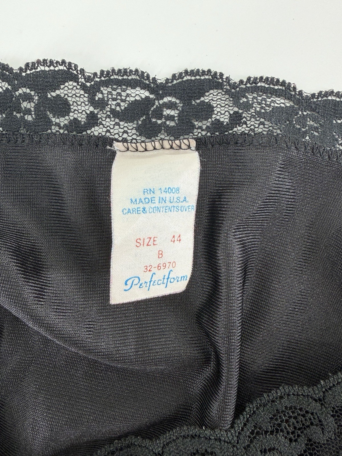 Vintage Perfectform Black Nylon Full Slip 44B XL Lace Antron III Made in USA