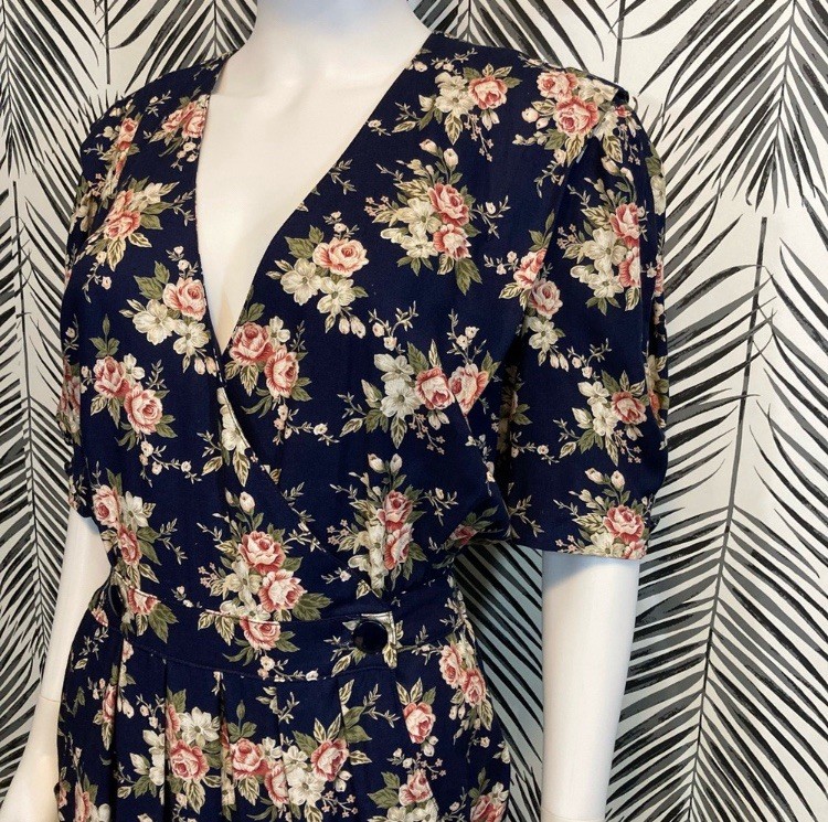 Vintage 1980’s Dark Floral Rose Print Midi Dress, Navy Blue and Pink, Size 12