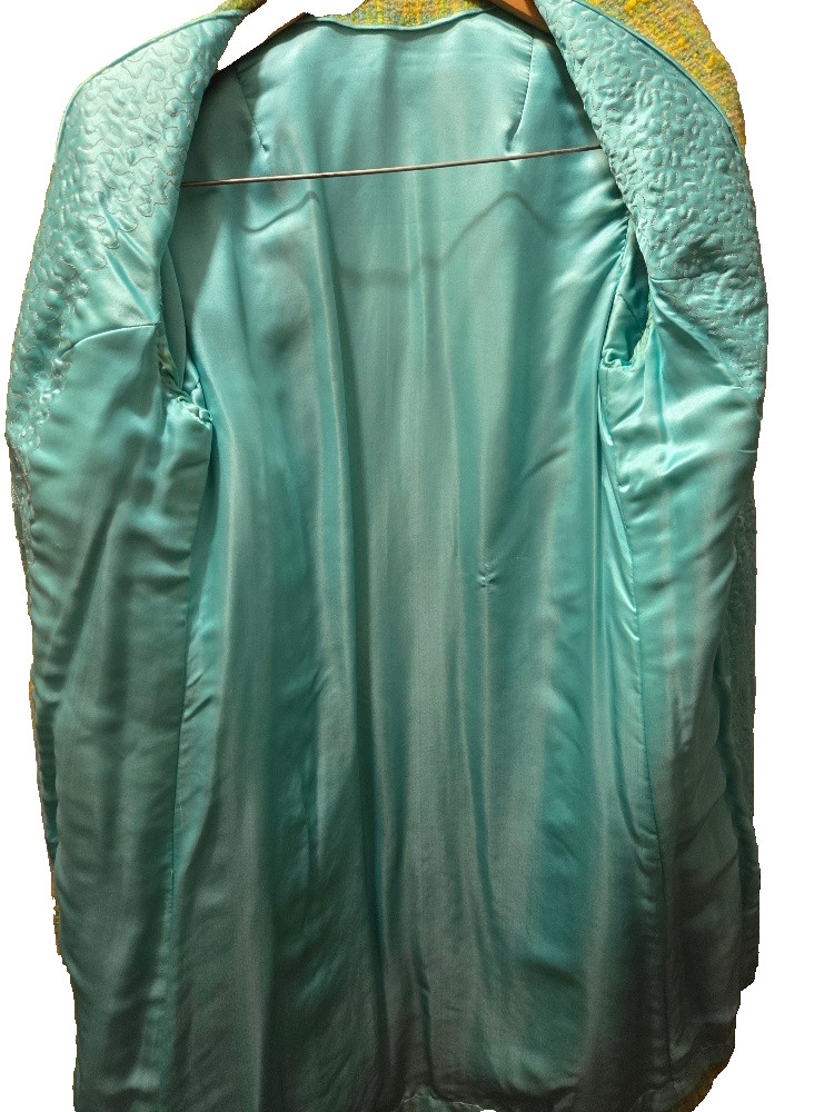 Vintage 1960s Herald Tang Raw Silk Coat Aqua Teal Gold Quilted Lining Costume