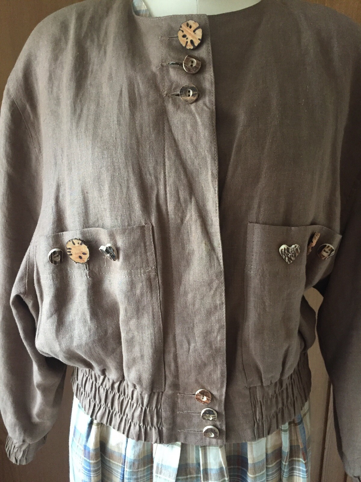 Vintage BASSET Solid & Plaid Detailed 3pc Cotton/Linen Skirt-Jacket-Vest SZ 44/L