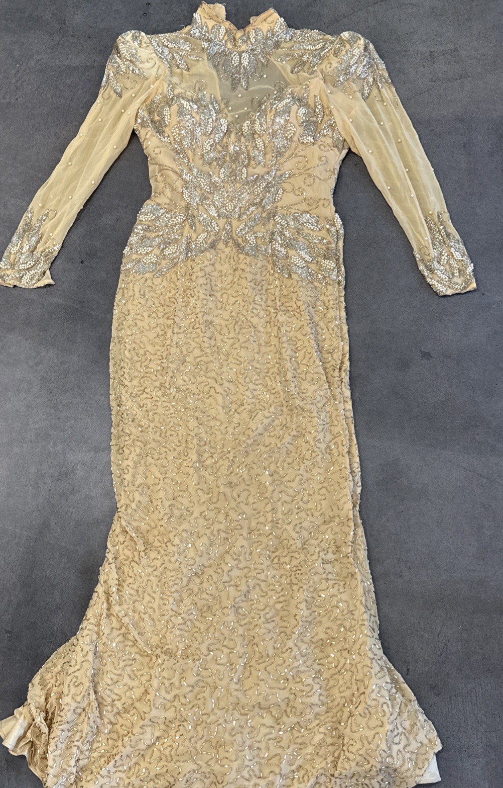Vintage OLEG CASSINI Black Tie SILK Full-Length Cocktail Dress NUDE Beaded 4