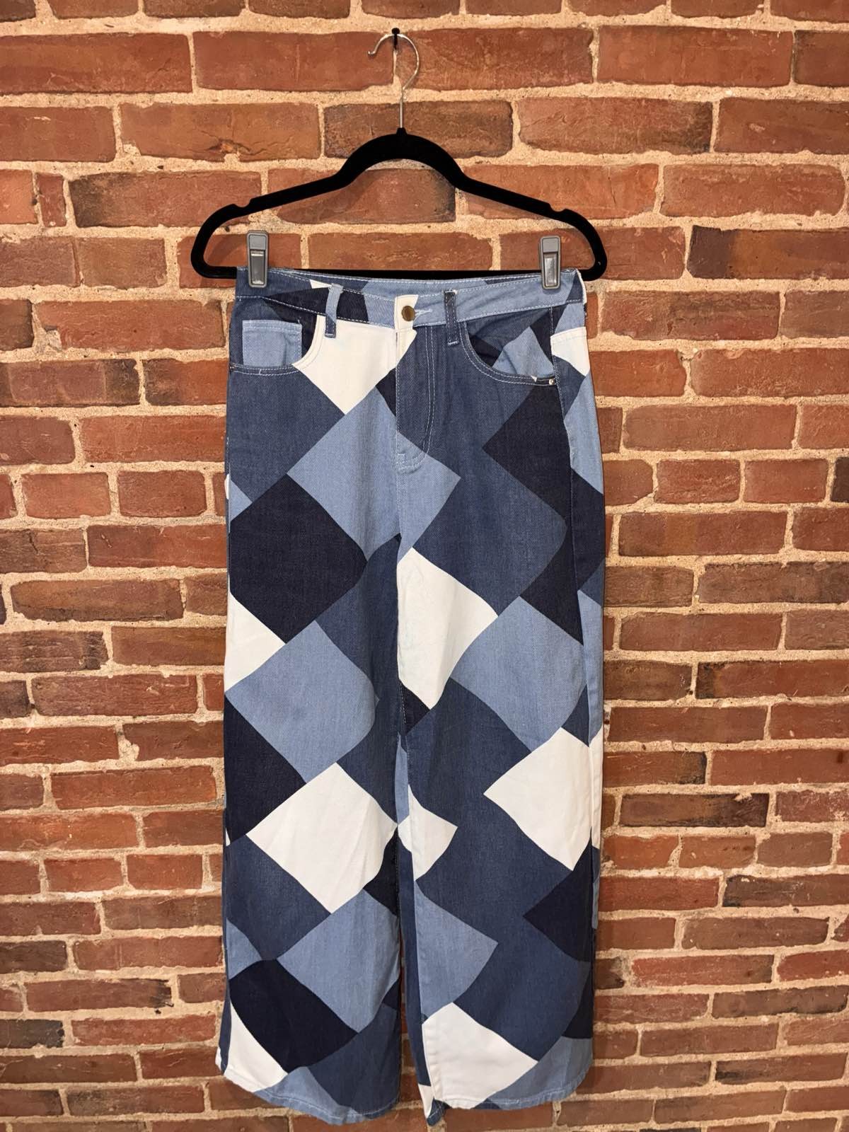 Blue White Diamond Pattern Wide Leg Jeans