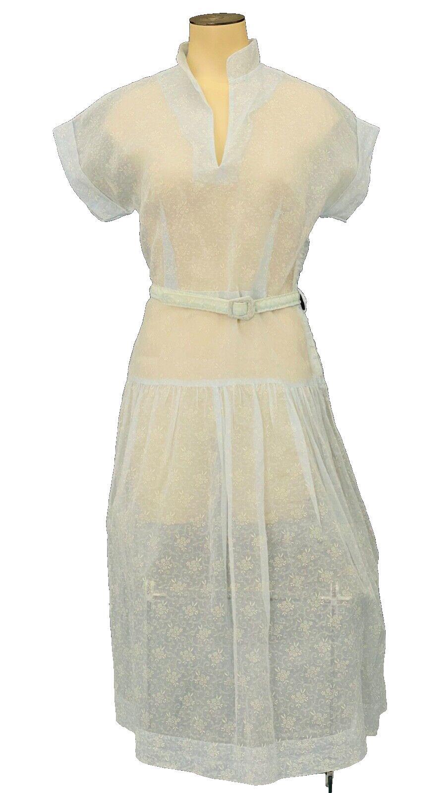 Vintage 1940s light blue dress, sheer nylon white floral midi summer S