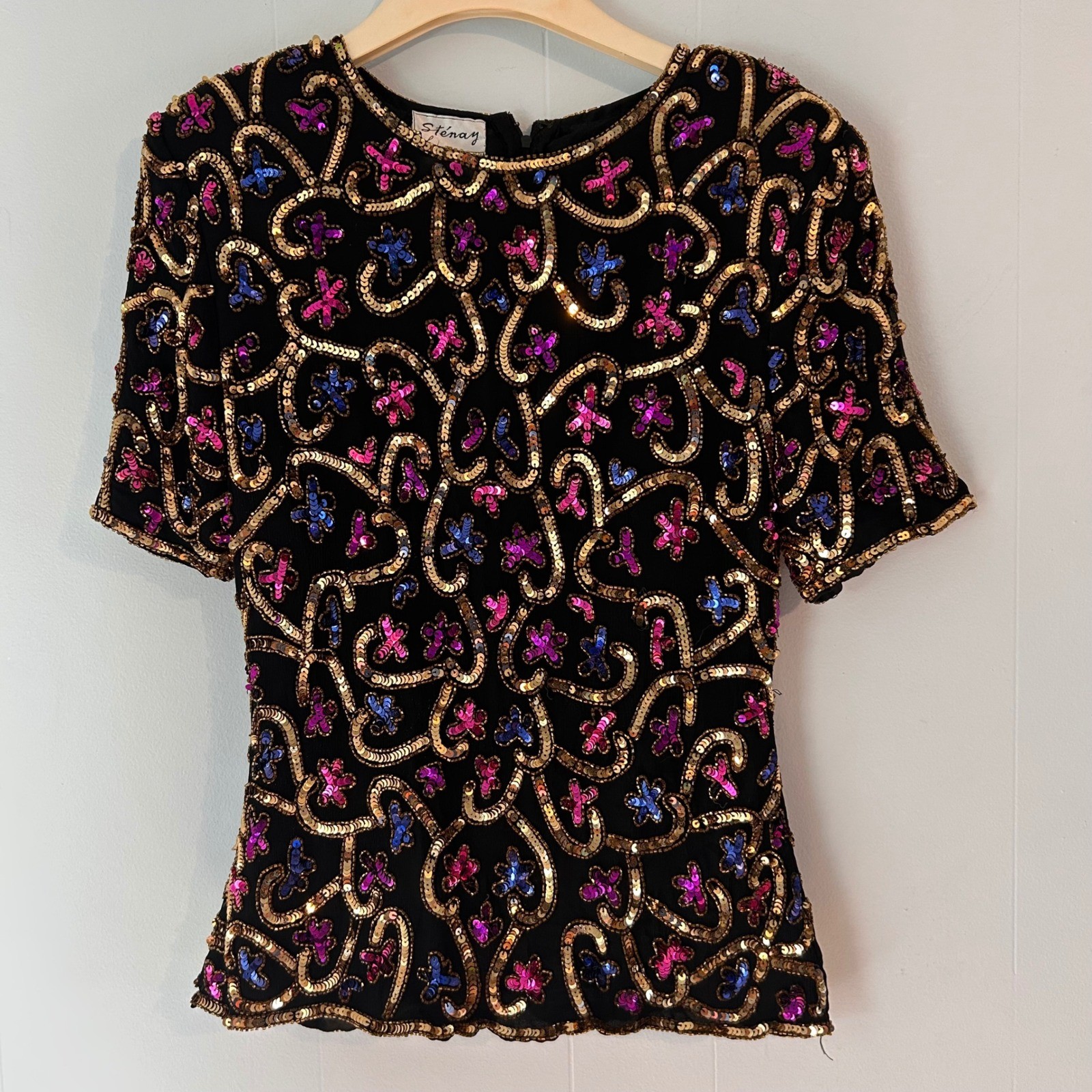 Stenay Vintage Silk Beaded Sequin Top Black Gold Pink Blue Floral Evening M