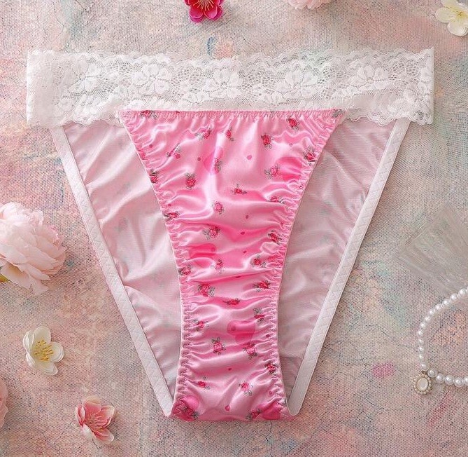 Glossy Pink Floral 2nd Skin Satin Lace Waistband Hi-Cut Rio Panties XL NEW